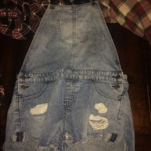 Volcom distressed denim overall shorts